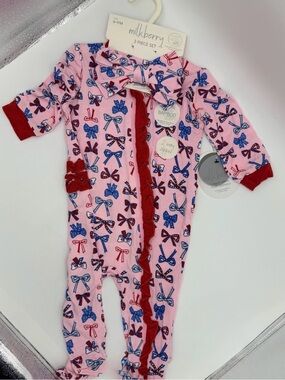 NWT Milkberry Pink American Bow Bamboo Footie One-Piece- with matching Headband
